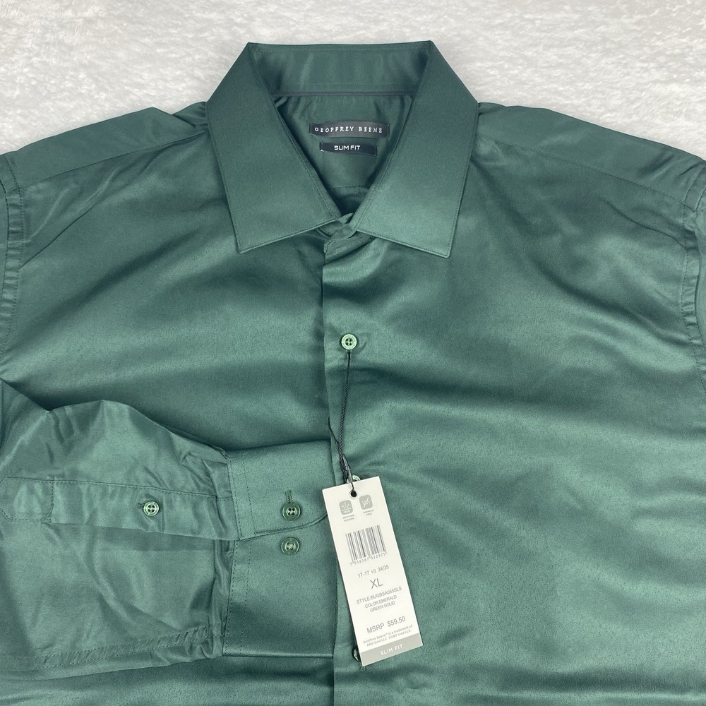 Geoffrey‎ Beene Dress Shirt Mens 17-17.5/34-35 Emerald Green Slim Fit NWT!